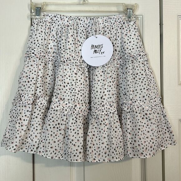 PRINCESS POLLY Size 0 NWT Rasmus Mini Skirt White Gray Peach Ruffle Tiered Linen - Picture 2 of 10